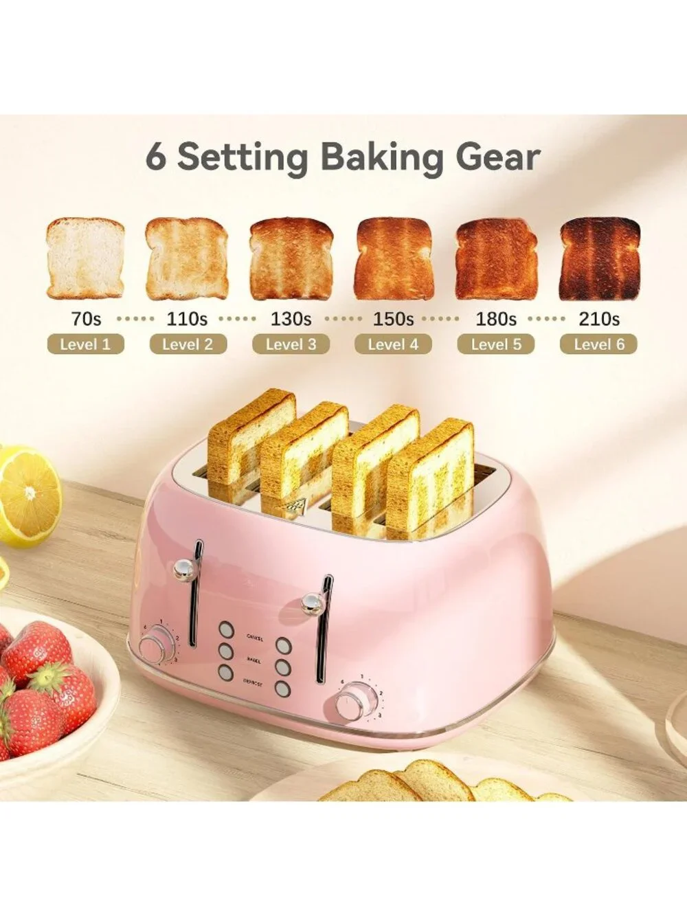 4 Slice Pink Retro Stainless with 6 Bread Shade Settings 1.5''Wide Slots Toaster